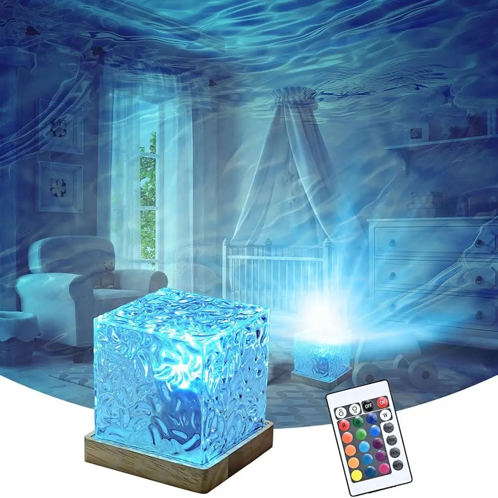 LETOUR Rotating Water Ripple Table Lamp USB Rechargeable Aurora Cube Night Light 16 Color Changeable Ocean Wave Galaxy Projector
