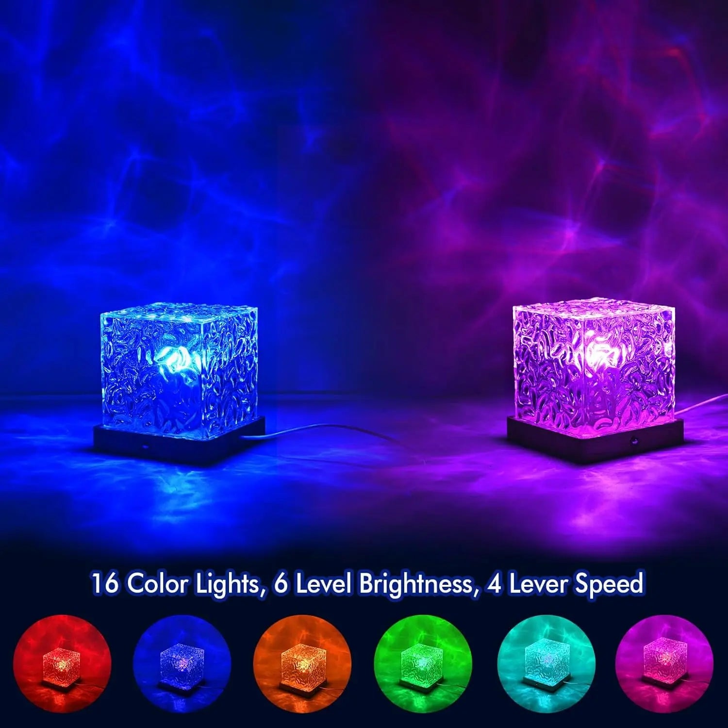 LETOUR Rotating Water Ripple Table Lamp USB Rechargeable Aurora Cube Night Light 16 Color Changeable Ocean Wave Galaxy Projector